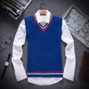 Fashion Men's Leisure Wool vest, V-neckband Shoulder Cotton knitted Sweater Vest, College Style Fashion Boys Slim Warm Sweater