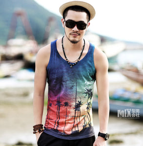 Men New Summer Cotton 3D Printed Landscape Letters Tank Tops Men Cotton Hot Sale Fashion Slim Beach Tank Tops Men High Quality