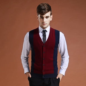 Sweater Cardigan Buttons Down Knit Jacket Vest for Men Sleeveless Wool Stylish Fashion Patchwork Red Grey 2018