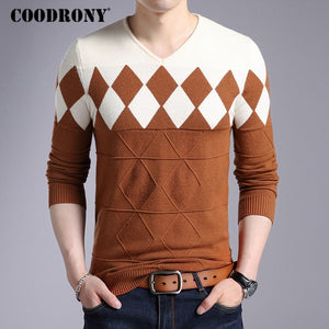 COODRONY Cashmere Wool Sweater Men 2018 Autumn Winter Slim Fit Pullovers Men Argyle Pattern V-Neck Pull Homme Christmas Sweaters