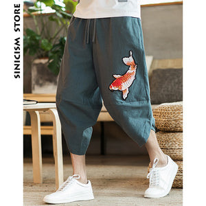 Sinicism Store Mens 2018 New Beach Pants Male Summer Casual Calf-Length Pants Man Carp Embroidery Baggy Loose Trousers