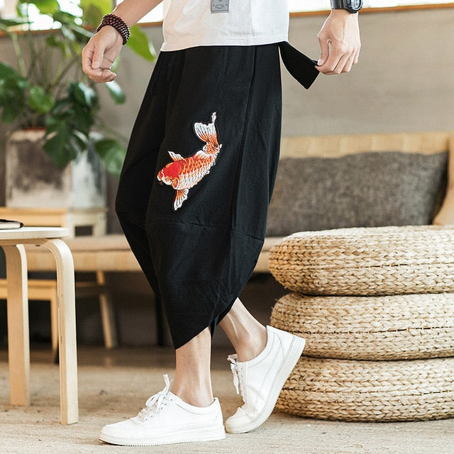 Sinicism Store Mens 2018 New Beach Pants Male Summer Casual Calf-Length Pants Man Carp Embroidery Baggy Loose Trousers