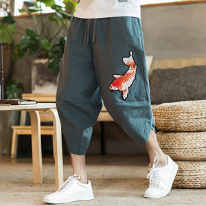 Sinicism Store Mens 2018 New Beach Pants Male Summer Casual Calf-Length Pants Man Carp Embroidery Baggy Loose Trousers