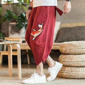 Sinicism Store Mens 2018 New Beach Pants Male Summer Casual Calf-Length Pants Man Carp Embroidery Baggy Loose Trousers