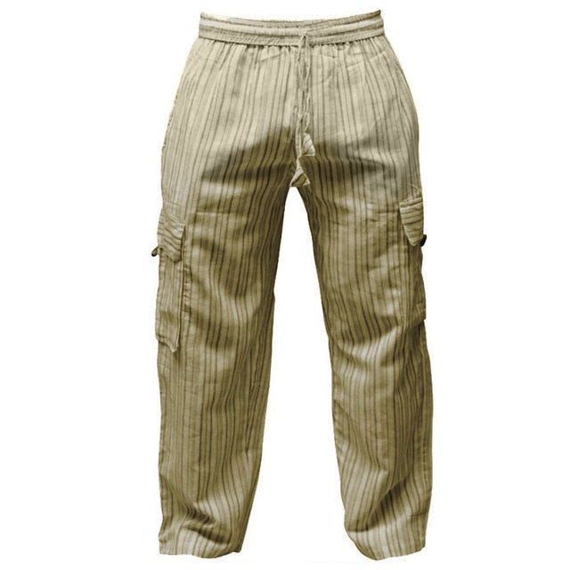 INCERUN Striped 5XL Wide Legs Men Casual Pants 100%Cotton Loose Fitness Baggy Cargo Trousers Multi Pockets Joggers  Vacation