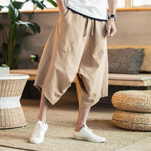 Load image into Gallery viewer, MRDONOO Men Pants Men&#39;s Wide Crotch Harem Pants Loose Large Cropped Trousers Wide-legged Bloomers Chinese Style Flaxen Baggy