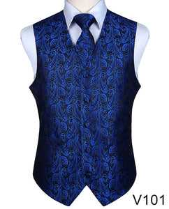 Men's Classic Party Wedding Paisley Plaid Floral Jacquard Waistcoat Vest Pocket Square Tie Suit Set Pocket Square Set