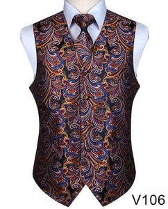 Men's Classic Party Wedding Paisley Plaid Floral Jacquard Waistcoat Vest Pocket Square Tie Suit Set Pocket Square Set