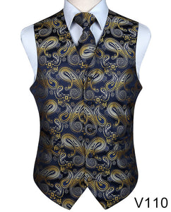 Men's Classic Party Wedding Paisley Plaid Floral Jacquard Waistcoat Vest Pocket Square Tie Suit Set Pocket Square Set