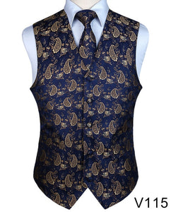 Men's Classic Party Wedding Paisley Plaid Floral Jacquard Waistcoat Vest Pocket Square Tie Suit Set Pocket Square Set