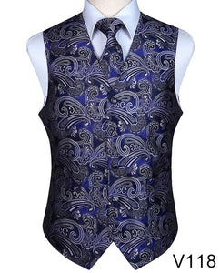 Men's Classic Party Wedding Paisley Plaid Floral Jacquard Waistcoat Vest Pocket Square Tie Suit Set Pocket Square Set