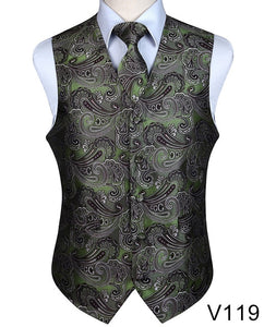 Men's Classic Party Wedding Paisley Plaid Floral Jacquard Waistcoat Vest Pocket Square Tie Suit Set Pocket Square Set