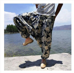 20 Colors Men Causal Flower Print Hippy Baggy Boho Elastic Cross-Pants Loose Trousers Aladdin Wide Leg Cotton Linen Harem Pants