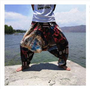 20 Colors Men Causal Flower Print Hippy Baggy Boho Elastic Cross-Pants Loose Trousers Aladdin Wide Leg Cotton Linen Harem Pants