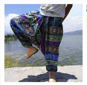 20 Colors Men Causal Flower Print Hippy Baggy Boho Elastic Cross-Pants Loose Trousers Aladdin Wide Leg Cotton Linen Harem Pants