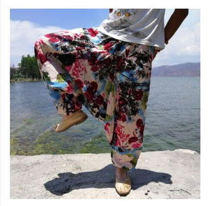 20 Colors Men Causal Flower Print Hippy Baggy Boho Elastic Cross-Pants Loose Trousers Aladdin Wide Leg Cotton Linen Harem Pants