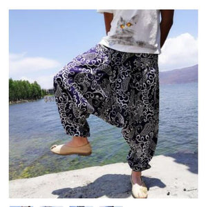 20 Colors Men Causal Flower Print Hippy Baggy Boho Elastic Cross-Pants Loose Trousers Aladdin Wide Leg Cotton Linen Harem Pants