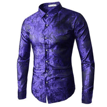 Load image into Gallery viewer, High quality 2019 Male Long Sleeve Shirts Red Gold Purple Blue men&#39;s embroidery dress shirt Fashion Slim Wedding Party Bussiness