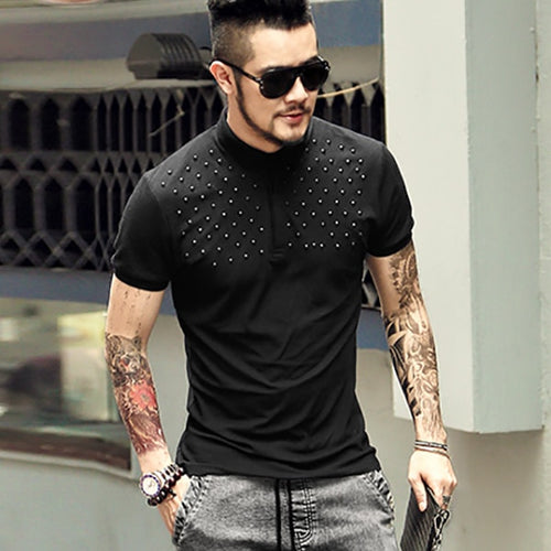 summer new Black Rivet Decorative Design Men's Slim fit Polo casual short sleeve polo shirt brand clothing PL-51