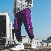 Load image into Gallery viewer, 2019 Spring Cargo Pants Men Cotton Drawstring Many Pockets Joggers Trousers Purple Black Ankle Banded male Casual Pants BINHIIRO