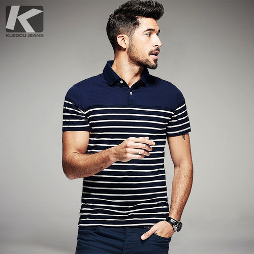 Summer Mens Poloshirts 100% Cotton Striped Blue Black Color For Man's Slim Short Sleeve Clothes Male Plus Size Brand Tops 7036