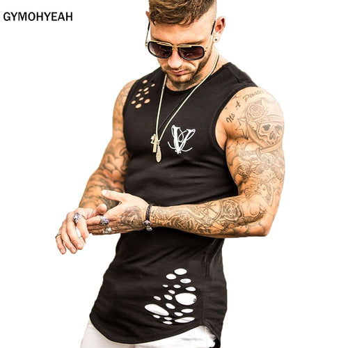 GYMOHYEAH NEW Summer fashion gyms tank top hole bodybuilding stringer tank top men fitness vests muscle guys sleeveless vest