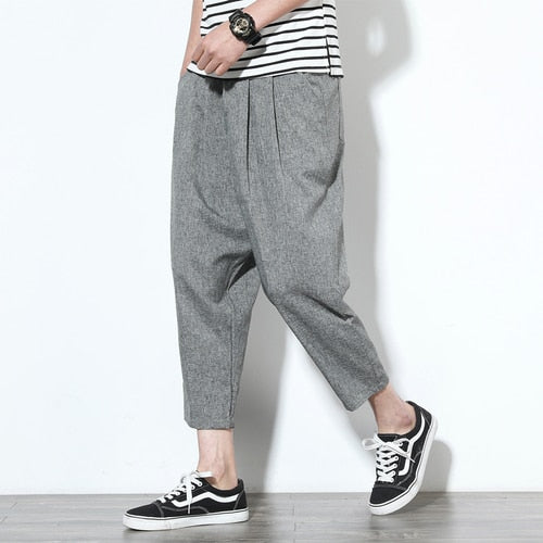 YASUGUOJI summer cotton and linen ankle-length pants men thin loose wide leg pants men hip pop harem pants men joggers XXK27