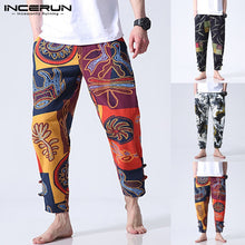 Load image into Gallery viewer, Floral Cotton Men Pants Casual Wide Legs Pants Loose Fitness Pants Baggy Button Ankle-Length Trousers Ethnic Style