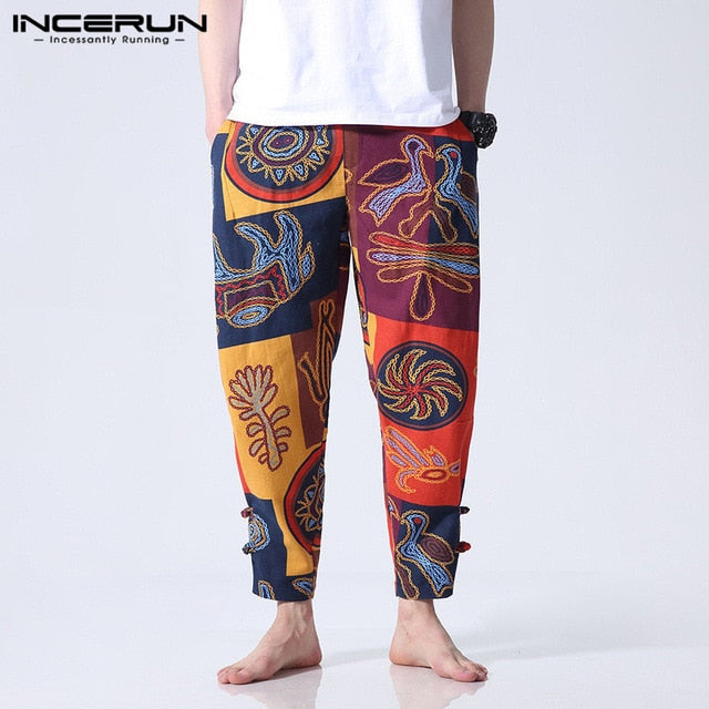 Floral Cotton Men Pants Casual Wide Legs Pants Loose Fitness Pants Baggy Button Ankle-Length Trousers Ethnic Style