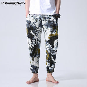 Floral Cotton Men Pants Casual Wide Legs Pants Loose Fitness Pants Baggy Button Ankle-Length Trousers Ethnic Style