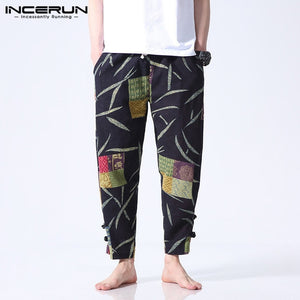 Floral Cotton Men Pants Casual Wide Legs Pants Loose Fitness Pants Baggy Button Ankle-Length Trousers Ethnic Style