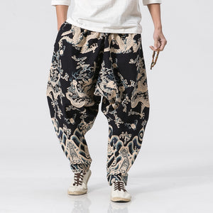 New Dragon Printing Harem Pants Men Chinese Style Casual Loose Cotton Linen Sweatpants Jogger Pants Mens Streetwear Trousers