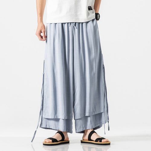 MRDONOO Cotton Linen Lightweight Thin Men's Trousers Chinese Style Loose Wide Leg Full Length Pants Casual Cross-Pants QT713-K68