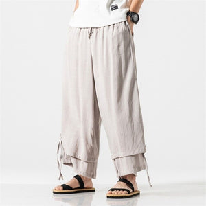 MRDONOO Cotton Linen Lightweight Thin Men's Trousers Chinese Style Loose Wide Leg Full Length Pants Casual Cross-Pants QT713-K68