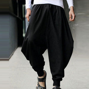 Men Pantalo Linen Pants Summer Harem Loose Pants Low Drop Crotch Wide-Leg Long Trousers Male Japanese Samurai Style Cropped Pant