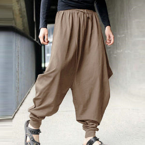 Men Pantalo Linen Pants Summer Harem Loose Pants Low Drop Crotch Wide-Leg Long Trousers Male Japanese Samurai Style Cropped Pant