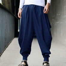 Load image into Gallery viewer, Men Pantalo Linen Pants Summer Harem Loose Pants Low Drop Crotch Wide-Leg Long Trousers Male Japanese Samurai Style Cropped Pant