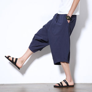 Men's brand casual pants 2019 summer new Japanese and Korean style fashion loose elastic waist tie men's cotton cropped trousers