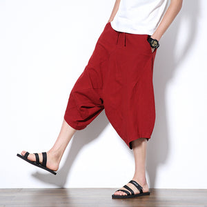 Men's brand casual pants 2019 summer new Japanese and Korean style fashion loose elastic waist tie men's cotton cropped trousers