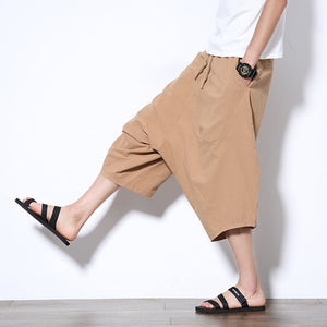 Men's brand casual pants 2019 summer new Japanese and Korean style fashion loose elastic waist tie men's cotton cropped trousers