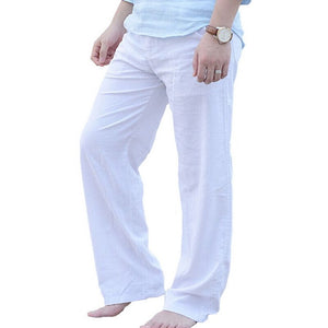 Shujin Mens Nature Cotton Linen Trousers Summer Pants 3XL Casual Male Solid Elastic Waist Straight Loose Pants Plus Size