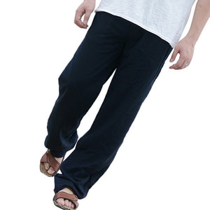 Shujin Mens Nature Cotton Linen Trousers Summer Pants 3XL Casual Male Solid Elastic Waist Straight Loose Pants Plus Size