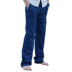 Shujin Mens Nature Cotton Linen Trousers Summer Pants 3XL Casual Male Solid Elastic Waist Straight Loose Pants Plus Size