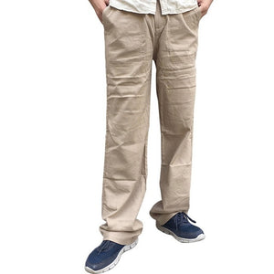 Shujin Mens Nature Cotton Linen Trousers Summer Pants 3XL Casual Male Solid Elastic Waist Straight Loose Pants Plus Size